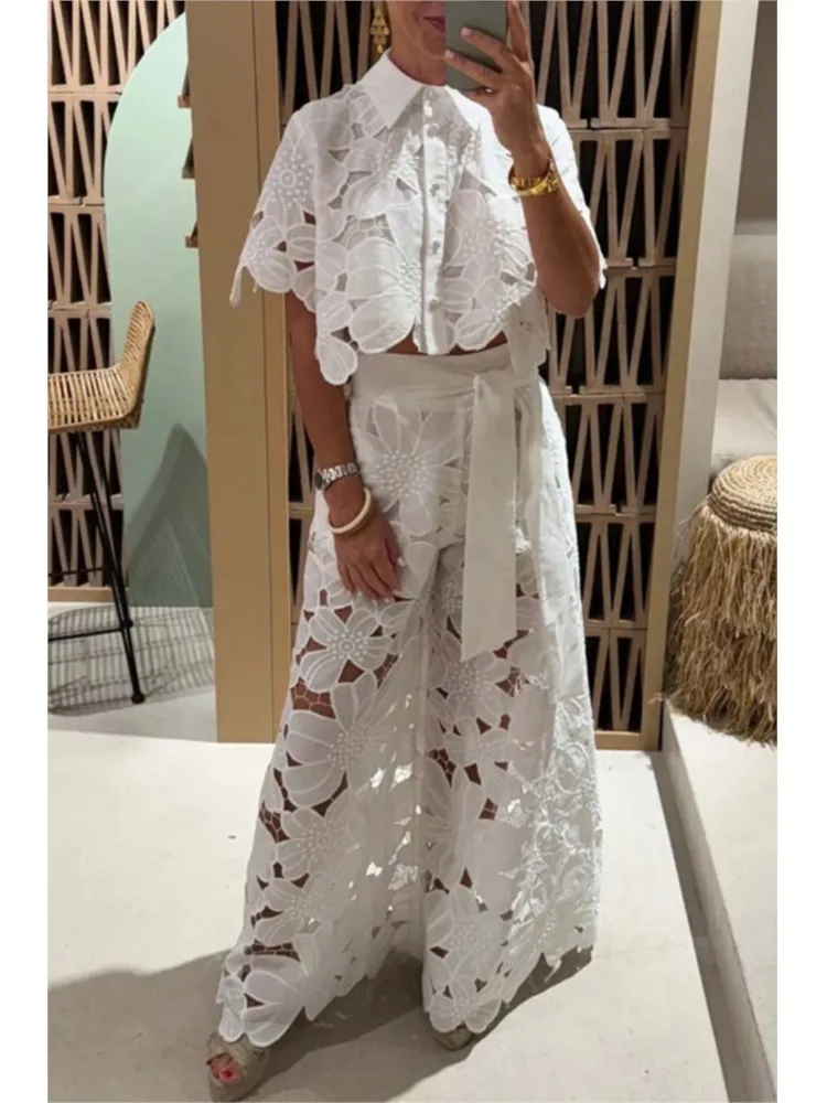 Elegant Short-sleeved Single-breasted Hollow Shirt  + Wide-leg Pants 2-piece Set Women Sexy Fashion Solid Color Lace Suit Female