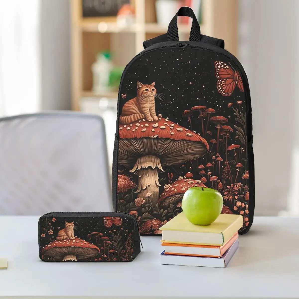 Mushroom Butterfly And Plant Pattern Backpack Student BookBag School Bag Shoulder Bags 3ps Insulated Lunch Bag Pencil Case