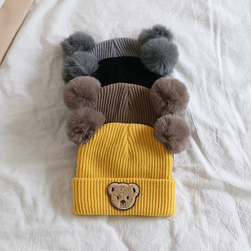 Winter Warm Baby Knitted Hats With Pom Pom Kids Knit Beanie Hats Solid Cute Cartoon Children\'s Hat For Boys Girls Accessories