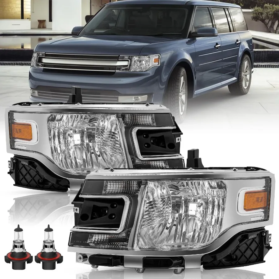 

OE Style Headlight Assembly Replacement w Bulbs for 2013-2019 Flex Halogen Headlamp LH+RH Chrome Housing with Amber Reflector