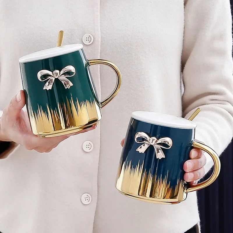 

# Custom Logo Cute Bow Gold-plated Ceramic Coffee Water Cup With Lid Spoon Girl #