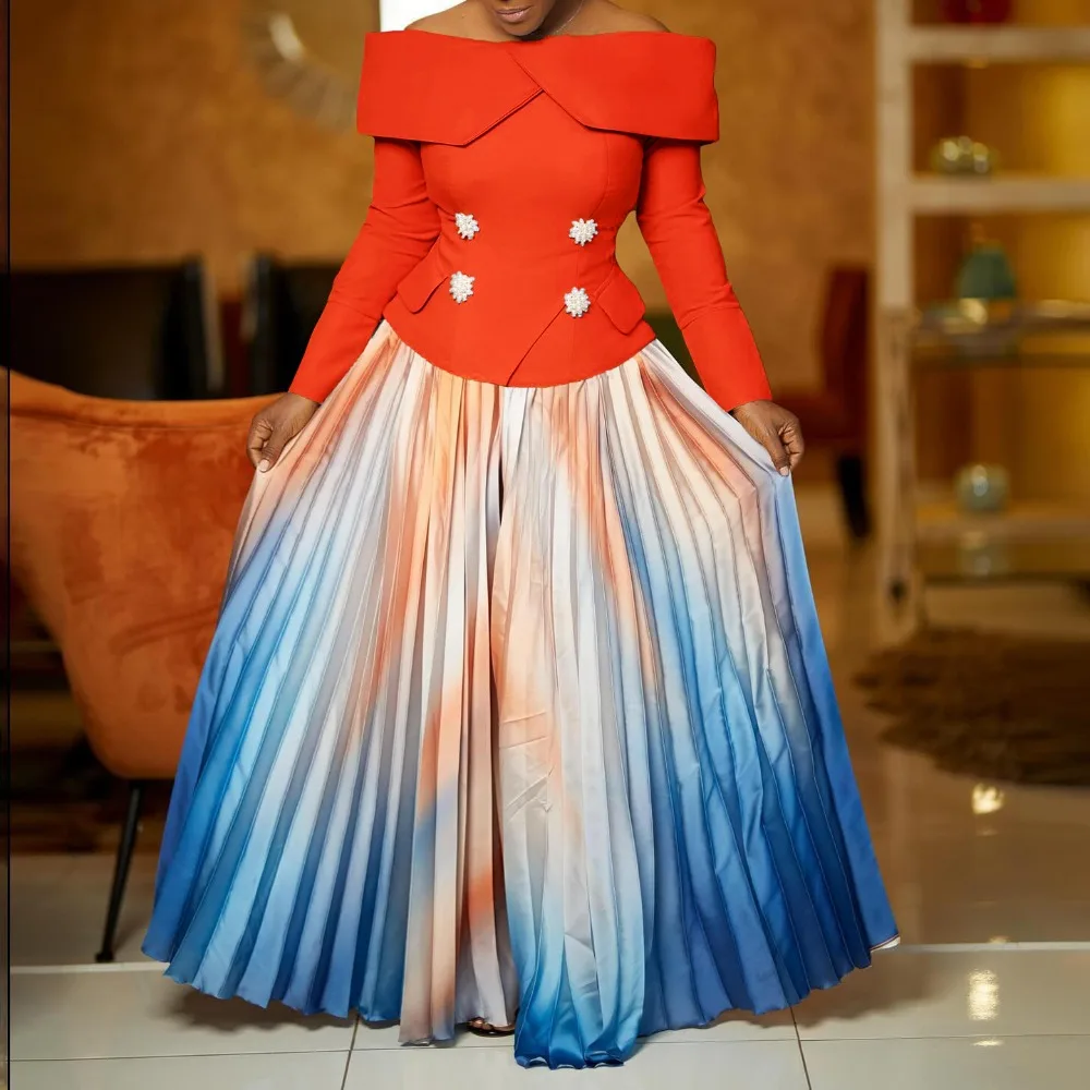 

Women's Two Piece Set Elegant Off Shoulder Suit Tops Printed Loose Long Pleated Skirt Commuting Office Ladies African Ladies Set