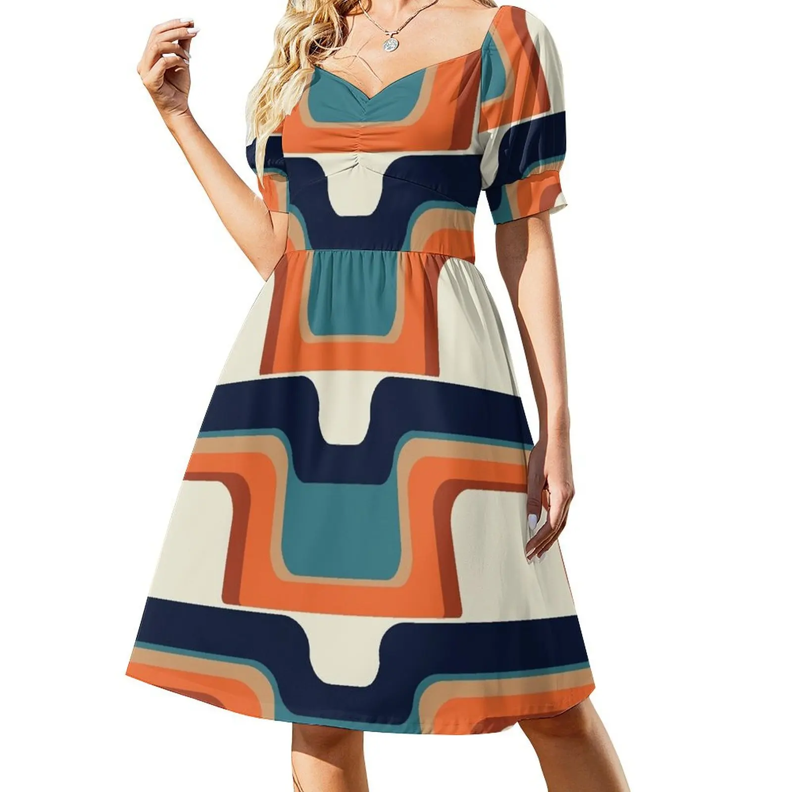 

Mid-Century Modern Meets 1970s Orange & Blue Short Sleeved Dress clothing women summer 2025 cocktail dresses Dress