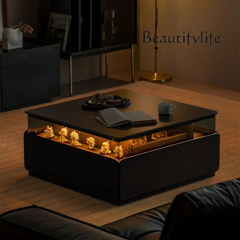 Square rock slab coffee table lighting atmosphere solid wood with black modern minimalist home living room