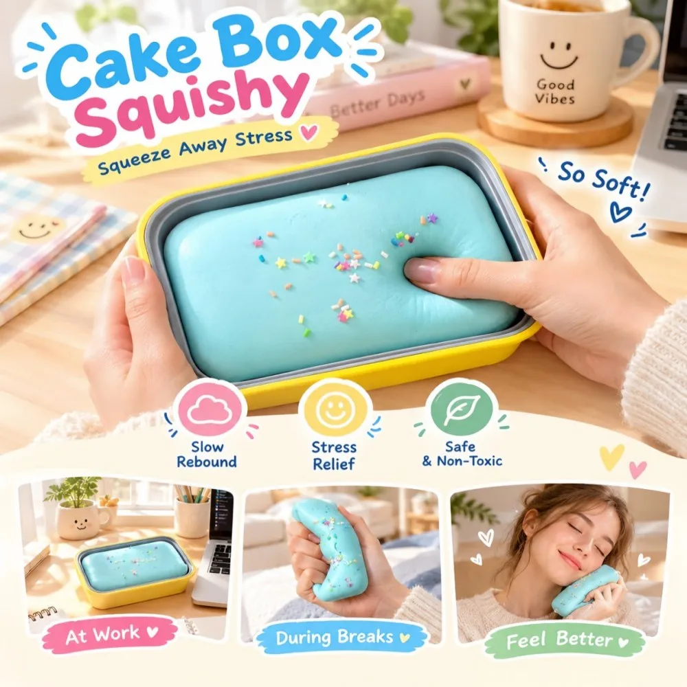 Slow Rebound Cake Box Squishy Soft Stress Relief Squeeze Kawaii Dessert Fidget Relaxing Practical Jokes Gift for Teens Adults