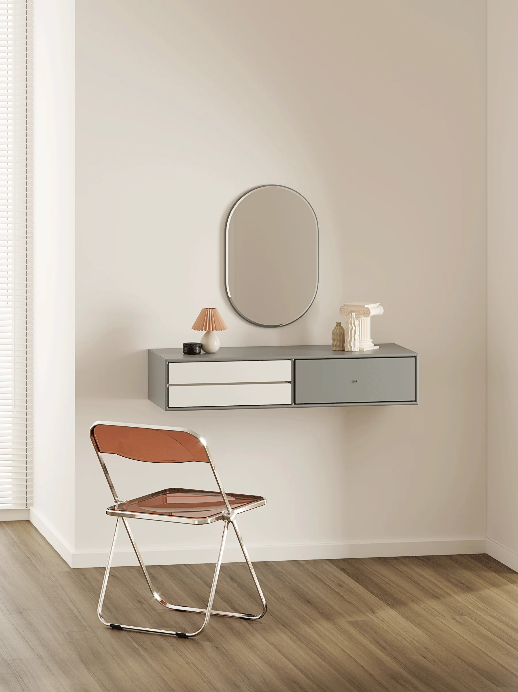 Modern minimalist contrasting color dressing table, makeup bedroom, light luxury art style wall hanging