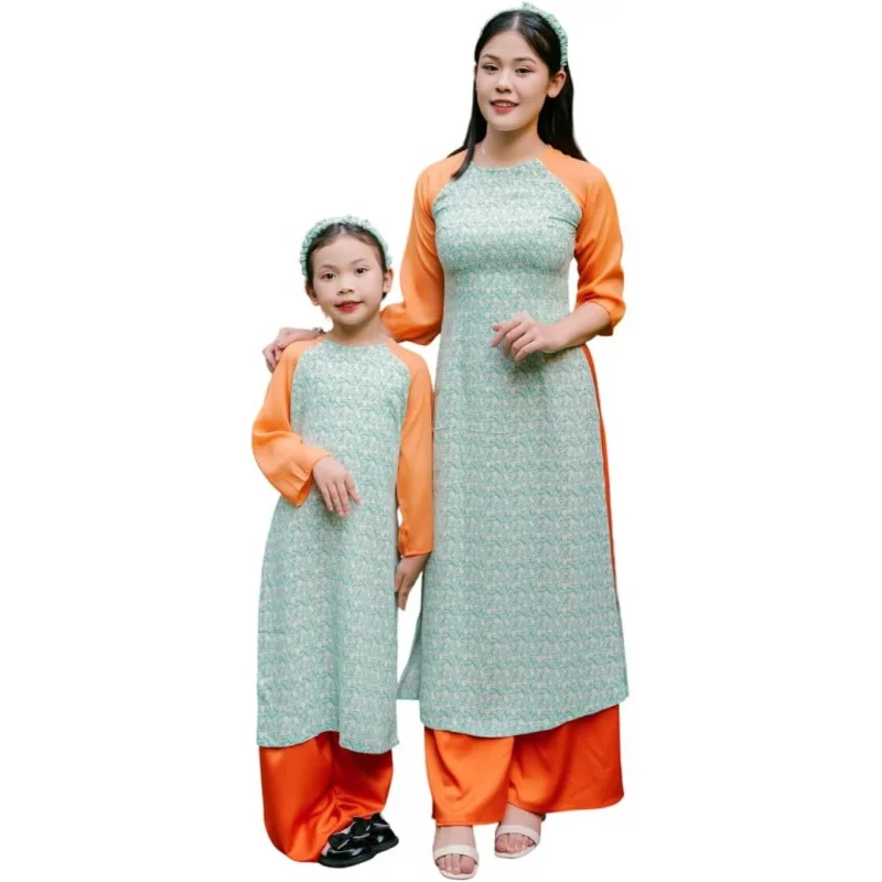 

Mom and Daughter Green Hoa Matching Ao Dai Set with Headband| Pre-made Vietnamese Ao Dai| Lunar New Year