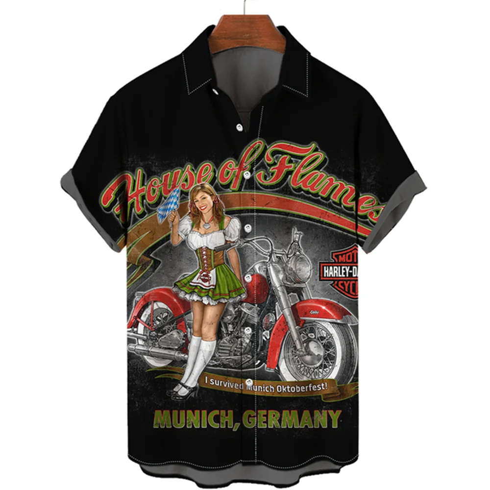 Camisa retrô estampada da Route 66 masculina, camisa casual de grandes dimensões, manga curta, blusas de peito único, tops da moda, roupas masculinas, verão