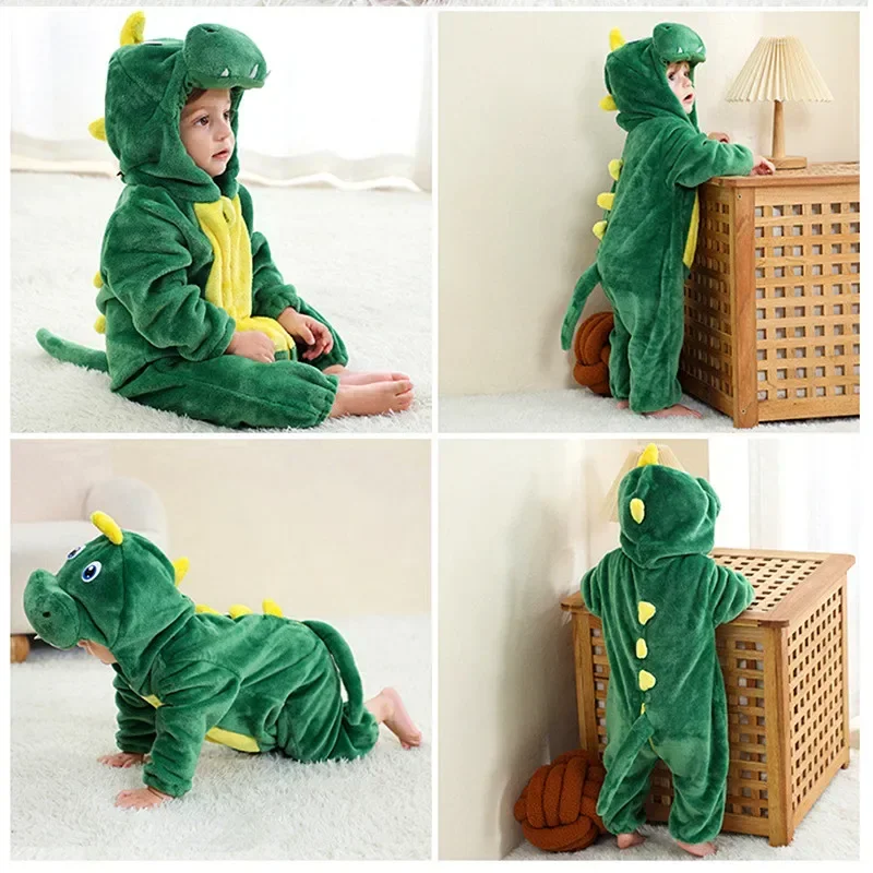 Toddler baby dinosaur hooded crawl suit cute tiger lion leopard soft warm flannel zipper animal onesie winter New Year PA cmm221