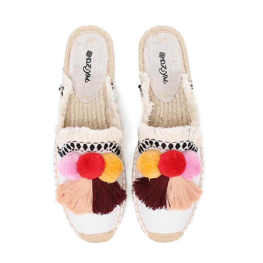 Women\'s Slippers Espadrilles Fluffy Ball Mule Slides Sale - Rubber Hemp Shoes Outside Spring women sandals