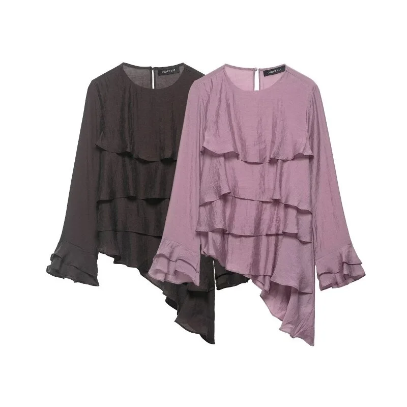 

Women's Elegant Layered Ruffle Round Neck Blouse Spring Summer Flare Sleeve Flowy Top for Daily Outings Casual Fashion