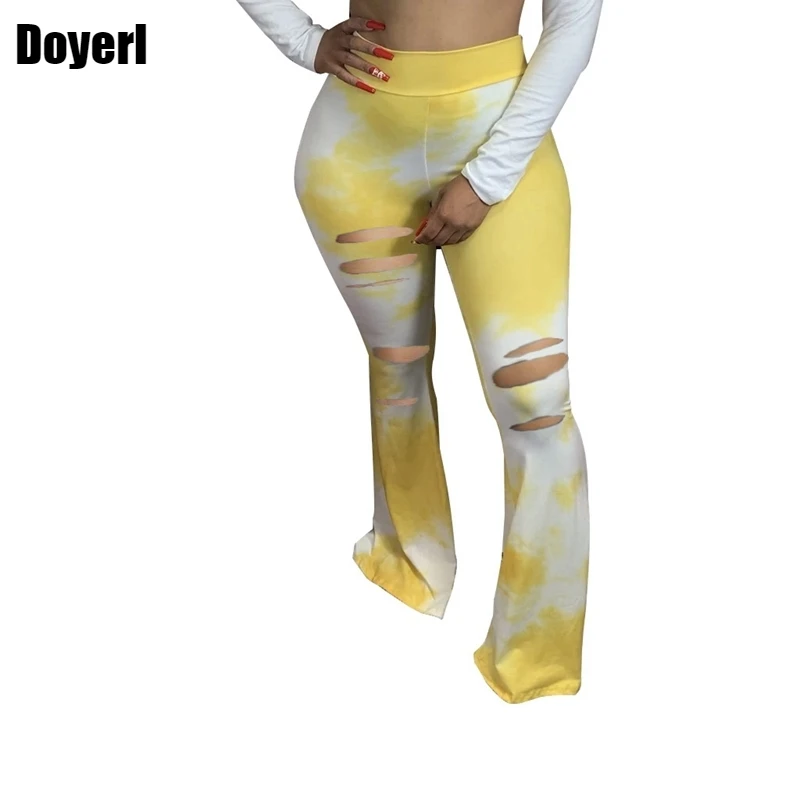 

Fall Women Flare Pants High Waist Tie Dye Sweatpants Women Long Trousers Streetwear Casual Hole Stretch Skinny Bell Bottom Pants
