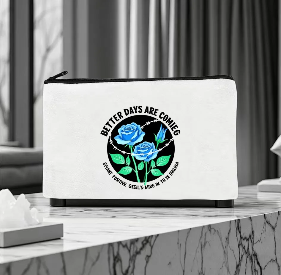 1PC Vintage Circular Black Background Blue Floral Positive Quote Print Makeup Bag Double Sided Canvas Daily Storage Organizer