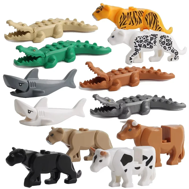 MOC Farm Zoo Animal Building Blocks Crocodile Shark Dolphin Chimpanzee Cow Leopard Educational Game Accessories Bricks Kids Toys