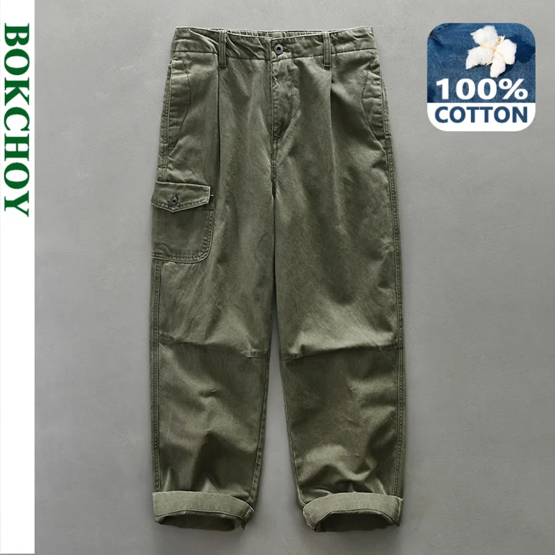 2024 Autumn New Loose Casual Cargo Trousers for Men Clothing Vintage 100% Cotton Joggers Streetwear Men AZ674