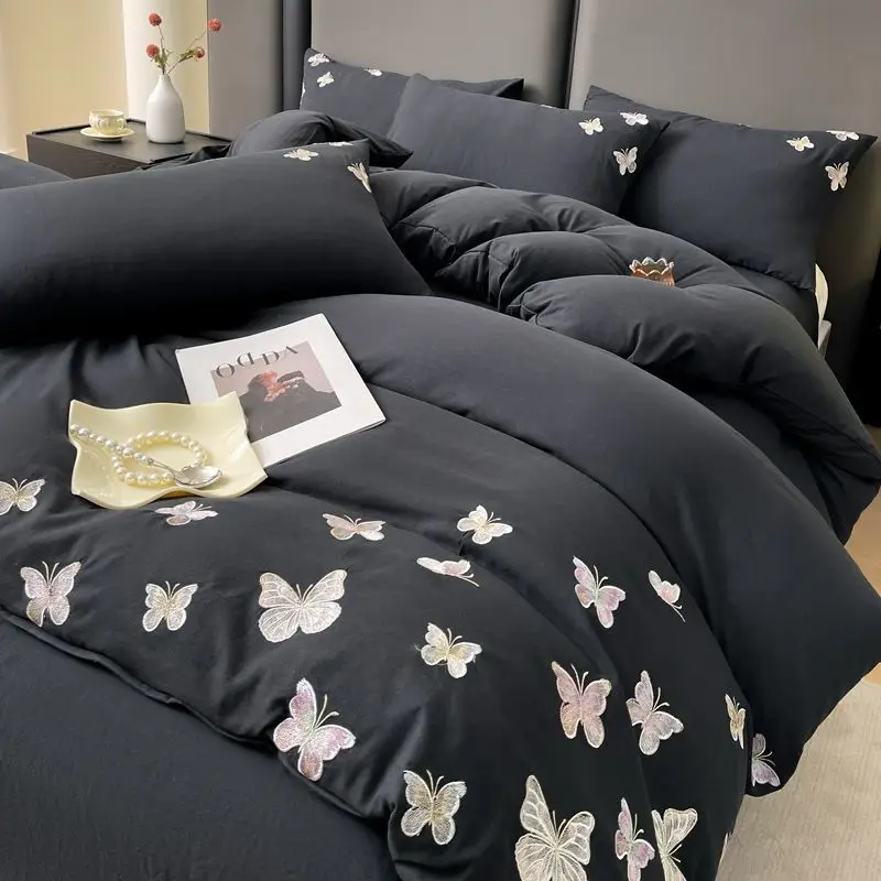 Korean Style Butterfly Embroidery Princess Bedding Set - Washable Year-Round Non-Cotton Duvet Cover Sheet Set