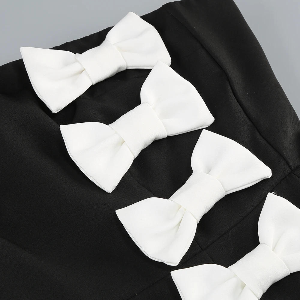 Eleganti abiti da sera neri senza spalline con dettaglio fiocco bianco – Abito da festa di lusso con spacco alto per donna