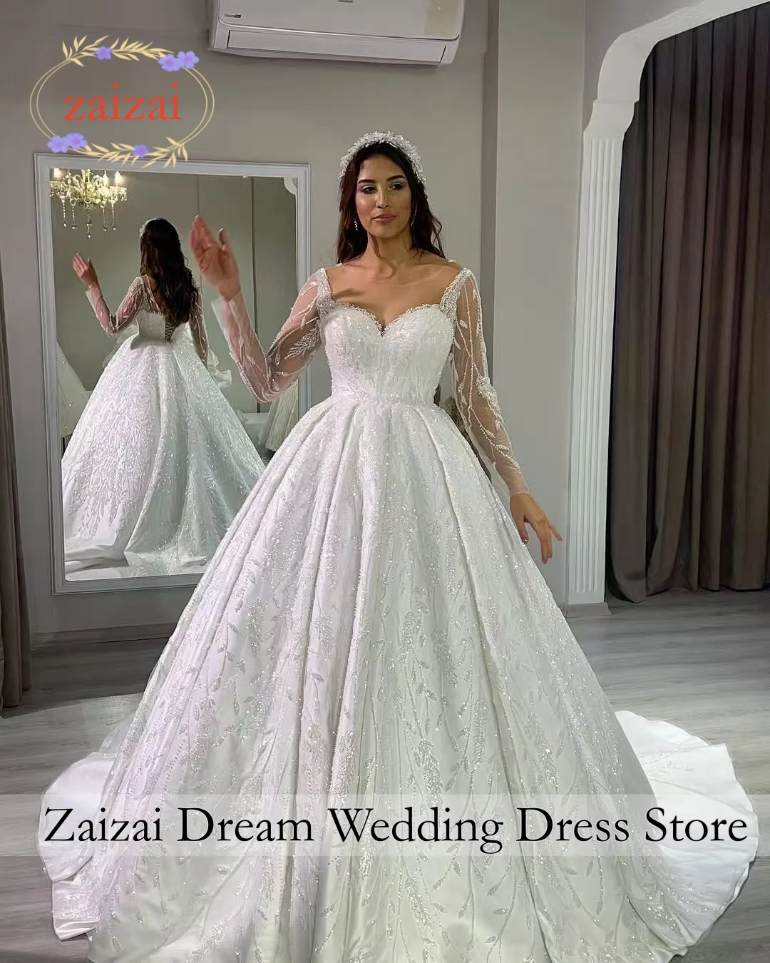 

Customized Luxury Long Sleeve Lace Appliques Wedding Dress Beading Ball Gowns Bridal Dresses For Women Dubai Vestidos De Noiva