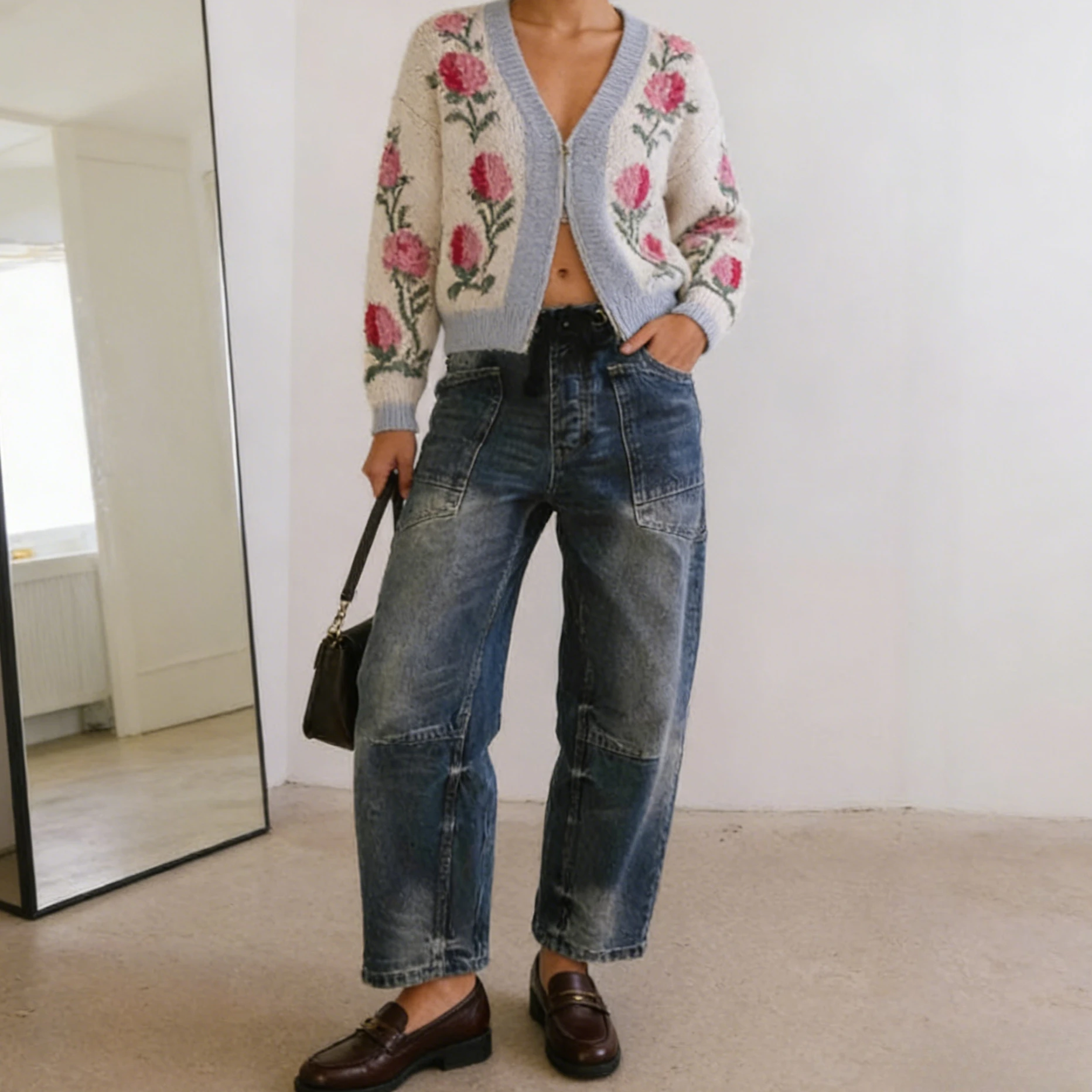 

Women Denim Jeans Spliced Pants Pocket Lace Up Drawstring Mid Waist Full Length Straight Pants Loose Fit Streetwear 2026 Spring