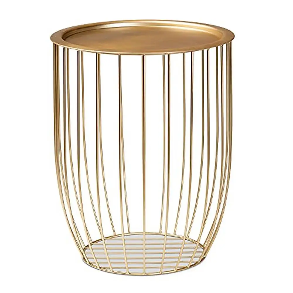 

Solid Metal Round Tray End Table with Openwork Frame Circular Base Gold Square Shaped Modern Contemporary Design 16.5"D x 16.5"W