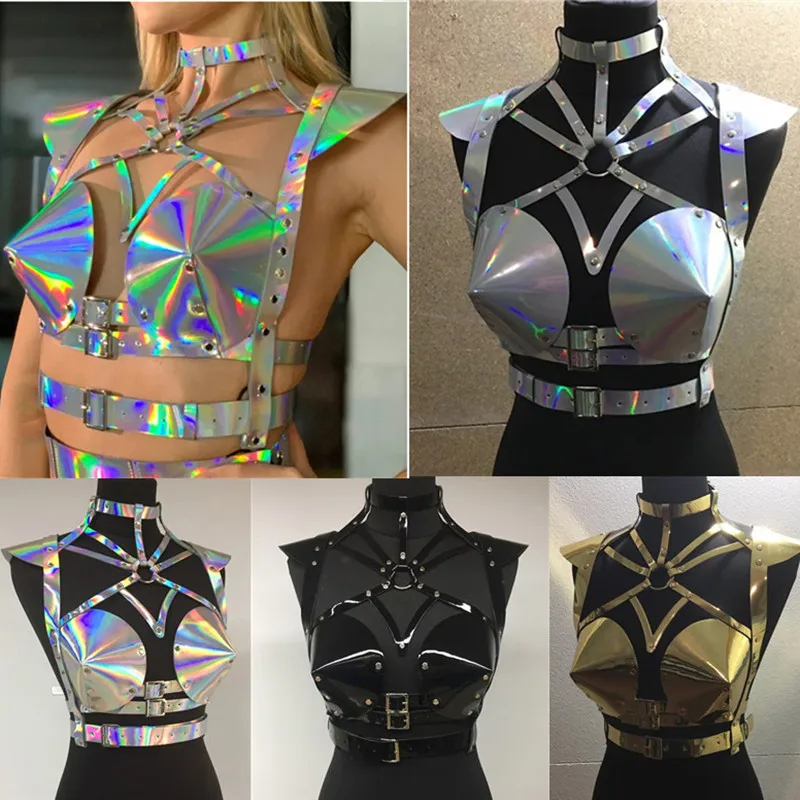

Gold Silver Laser Armor Vest Women Music Festival Rave Outfit Adjustable Corset Nightclub Party Halloween Cosplay Stage Costume