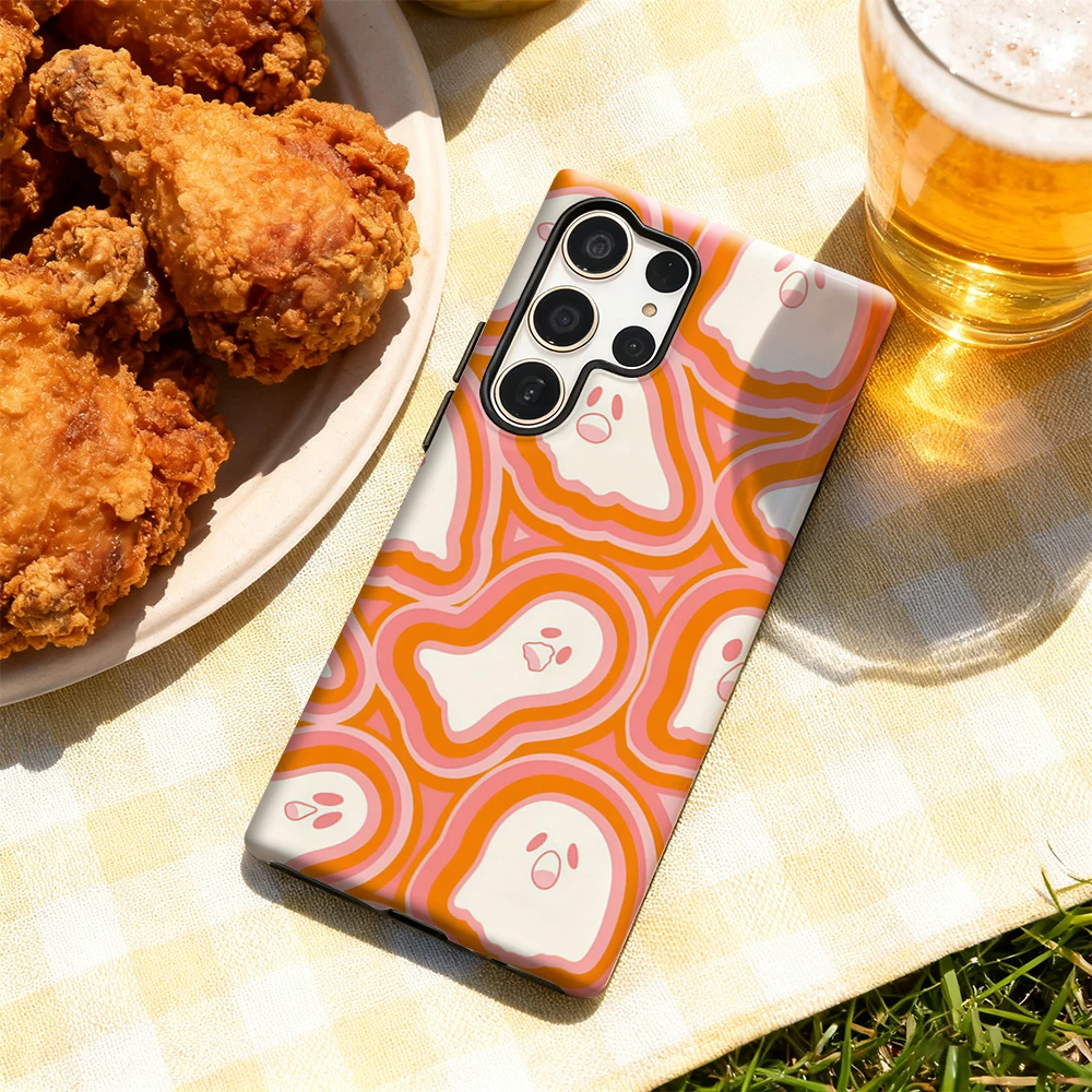 Orange and Pink Ghosts Halloween Phone Case for Samsung Galaxy S25 Ultra S24 S23 Ultra Plus Glossy Double-layer Back Cover