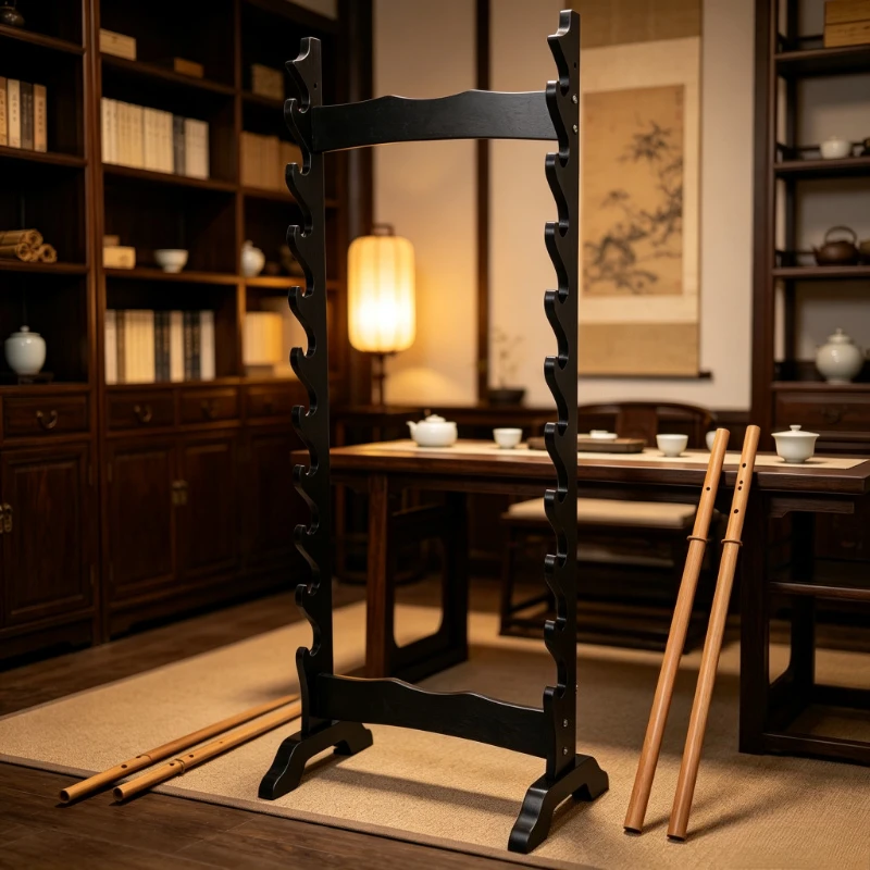 Multi-Tier Bamboo Sword Stand, Floor Display Rack for Katana & Blades, Traditional Wooden Holder for Home & Dojo Use