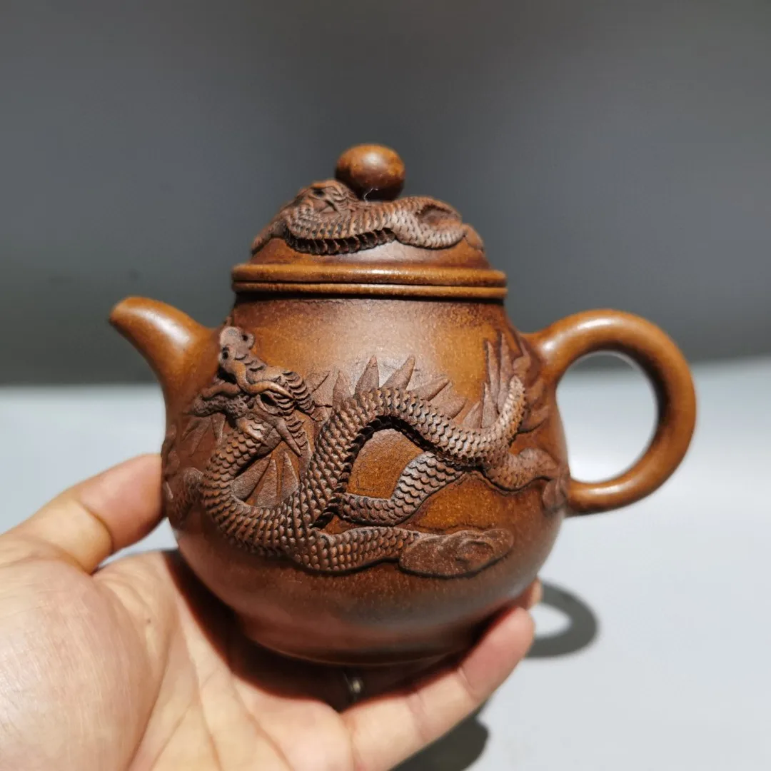 Yixing Purple Clay Teapot High relief Chinese Loong pattern Dragon shaped  wine pot Kettle Teapot Amass wealth Ornaments Town