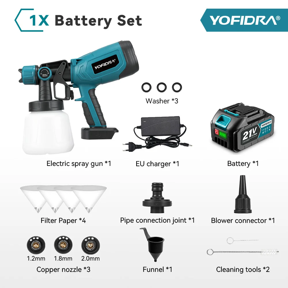 YOFIDRA 1000ML Elektrische Spritzpistole Kabellose Sprühgerät für Zuhause Auto Möbel Stahlbeschichtung Airbrush für Makita 21V Akku