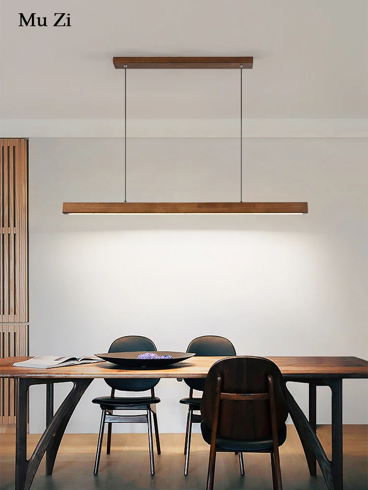 Lámpara colgante minimalista para comedor Wabi Sabi, candelabro de tira larga de madera para mesa de cocina, Bar, luces Led modernas de Color nogal