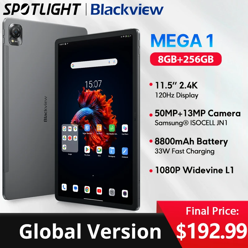 【Мировая премьера】Планшет Blackview MEGA 1 с 11,5-дюймовым дисплеем 2,4K 120 Гц, 12 ГБ ОЗУ 256 ГБ, камерами 50 Мп и 13 Мп, быстрой зарядкой 33 Вт, аккумулятором 8800 мАч