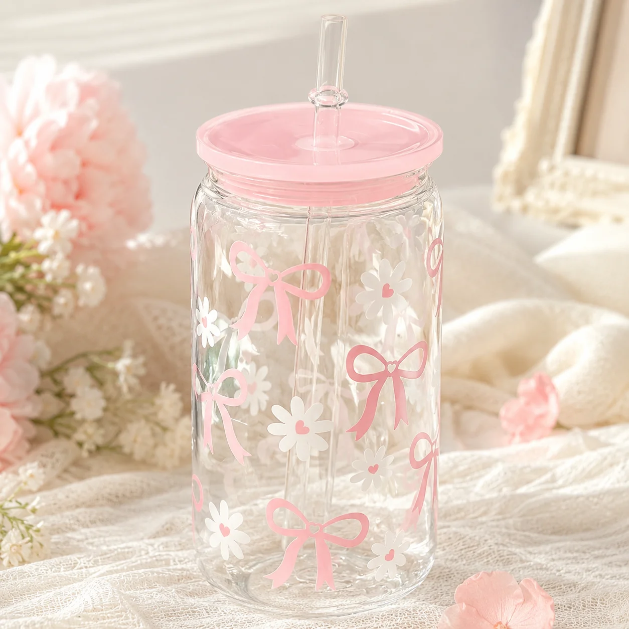 Cute Pink Bow Daisy Tumbler with Lid & Straw, Clear Reusable Iced Coffee Water Cup for Women, Home Office Travel Picnic