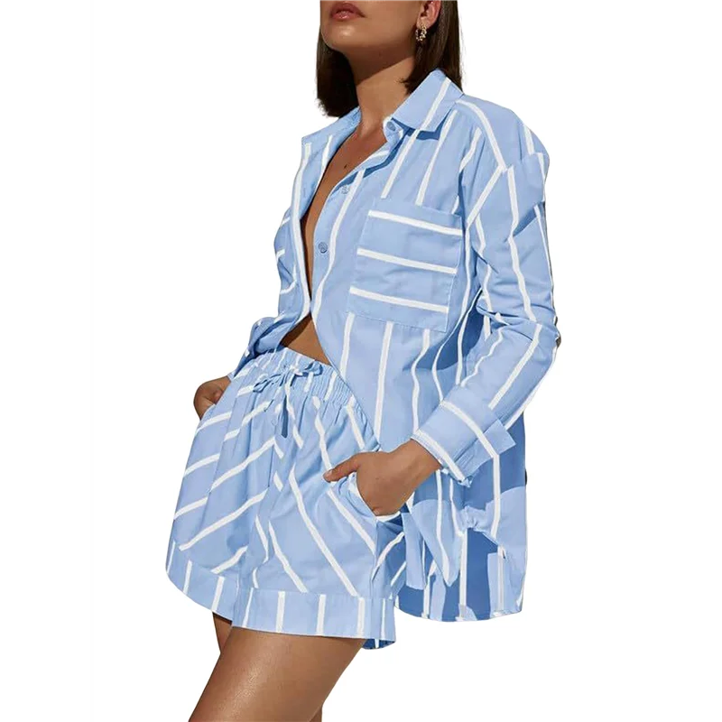 

AOAO-Женские полосатые комплекты из двух предметов, рубашки на пуговицах и шорты, одинаковые комплекты для отдыха