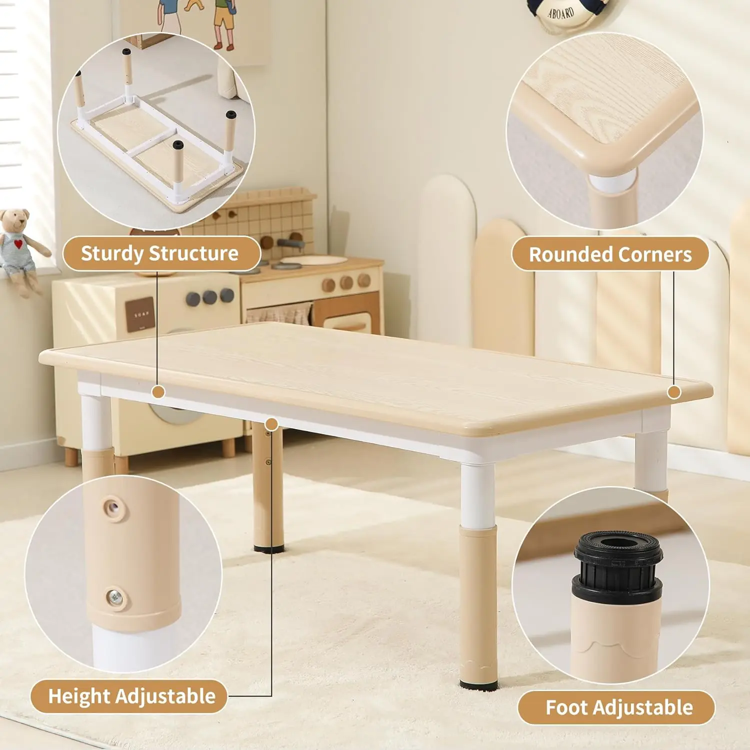 Conjunto de mesa infantil e 4 cadeiras, conjunto de mesa e cadeiras para crianças com altura ajustável, mesa de atividades infantis graffiti para idades de 2 anos