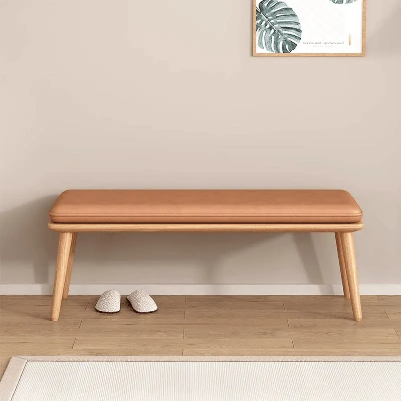 hh-Solid Wood Frame Shoe Bench Thick Padded Upholstered Cushion Slant Leg Simple Shoe Changing Stool for Entryway Bedroom^