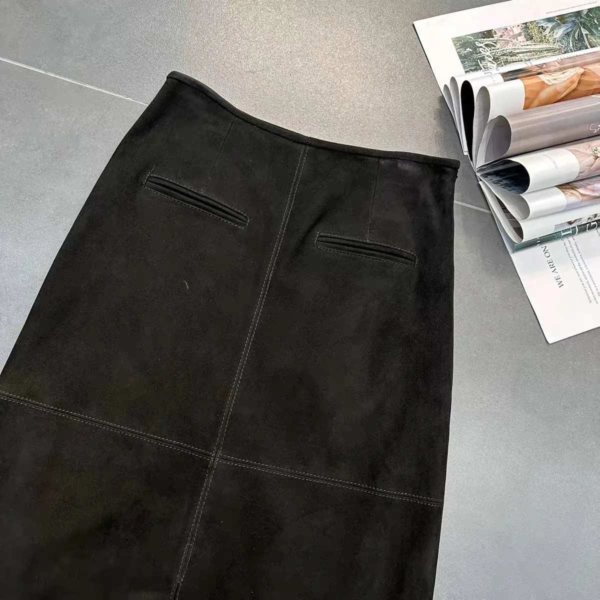 Retro High Grade Suede Real Leather Long Skirt 80cm For Women Upgraded Imported Jupe Back Split Waist Loop Faldas Ankle-Length