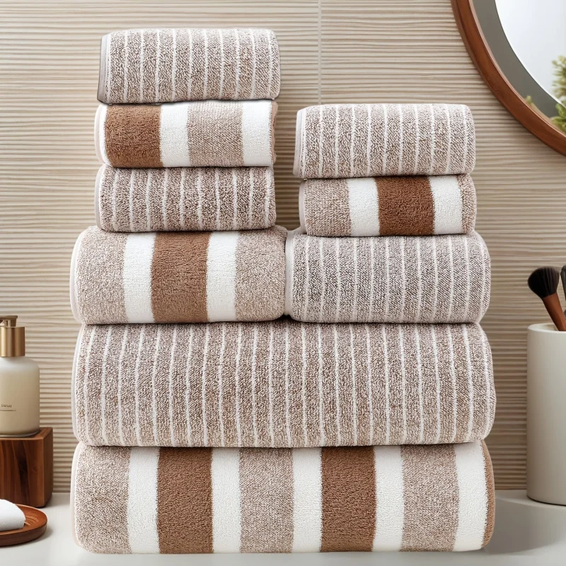 9pcs Striped Towel Set 5 Face Towels 2 Hand Towels 2 Bath Towels Super Absorbent Quick Dry for Hotel Sports Travel Fitness