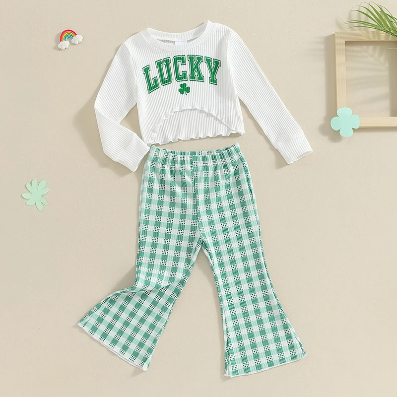 ملابس غير رسمية مطبوعة بحروف لطفلة صغيرة ، طفل صغير ، ياقة مستديرة ، بلوفر بأكمام طويلة ، خصر مرن ، طقم بنطال واسع منقوش ، من سنة إلى 6 سنوات