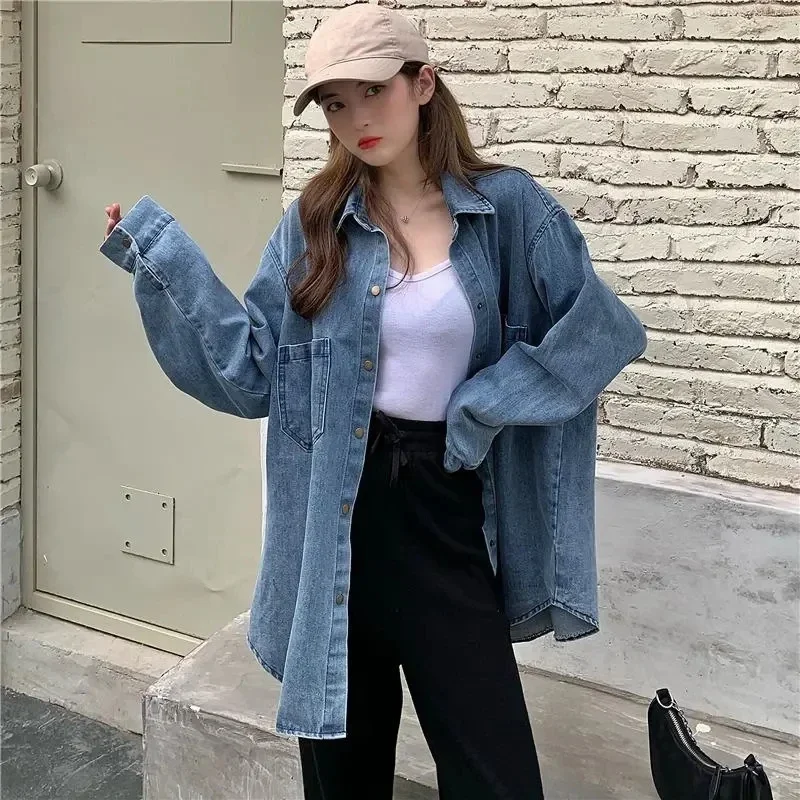 

Loose Single Breasted Lapel Jean Shirt Female Spring Autumn Elegant Long Sleeve Cowboy Tops New Denim Blouse Women Coat Vintage