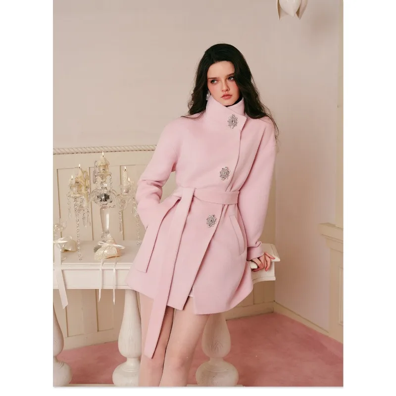 Diamond buckle stand-up collar 50 wool long-sleeved straight short woolen coat belt jacket women's autumn and winter