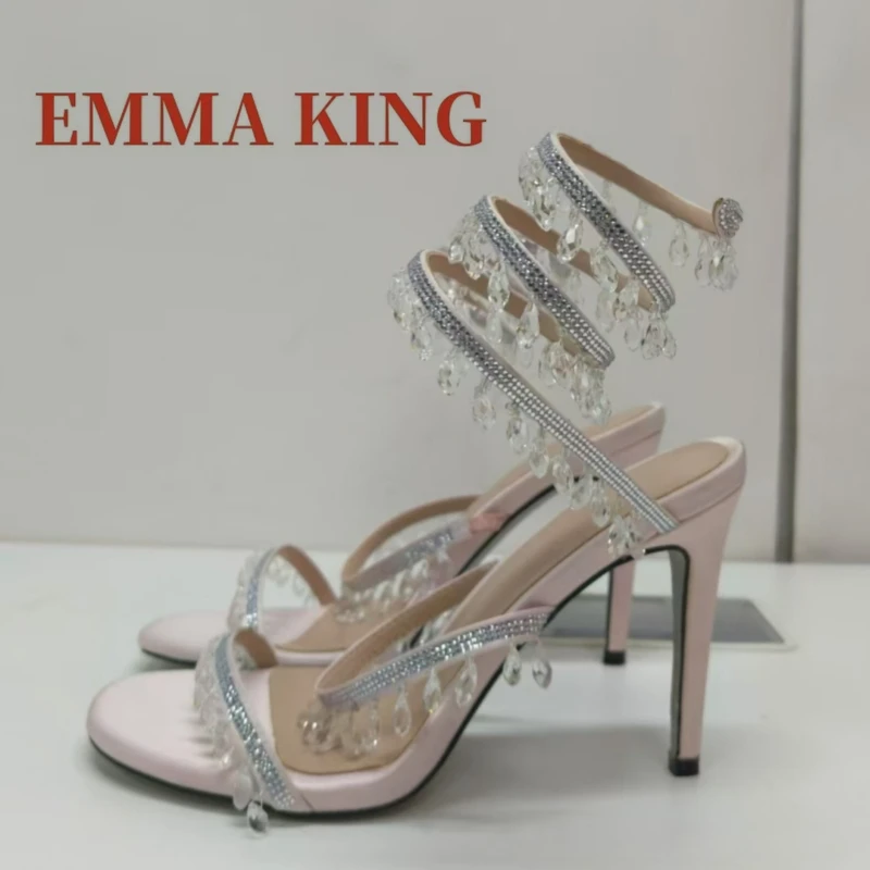 Ankle Wraparound High Heels Sandals Women Open Toe Rhinestones Prom Shoes Women's Stiletto Heel Sandals Snake Crystal Wrap Shoes