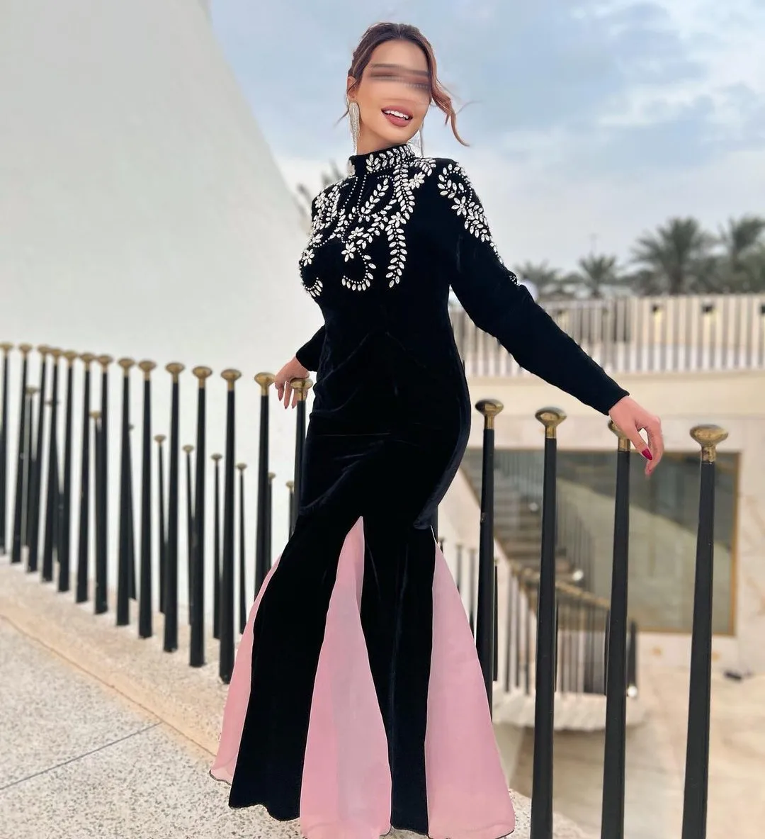 Meetlove Arabia Saudita vestidos de fiesta de sirena negros vestidos de noche para mujer cuello alto diamantes de imitación mangas largas vestidos de fiesta de cóctel