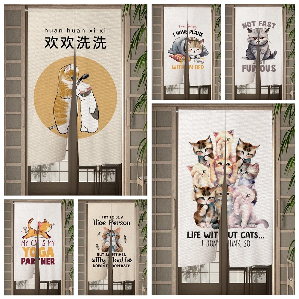 Funny Cat Japanese Door Curtain Noren Cute Cat Bedroom Living Room Doorway Curtain Drape Kitchen Entrance Hanging Half-Curtain