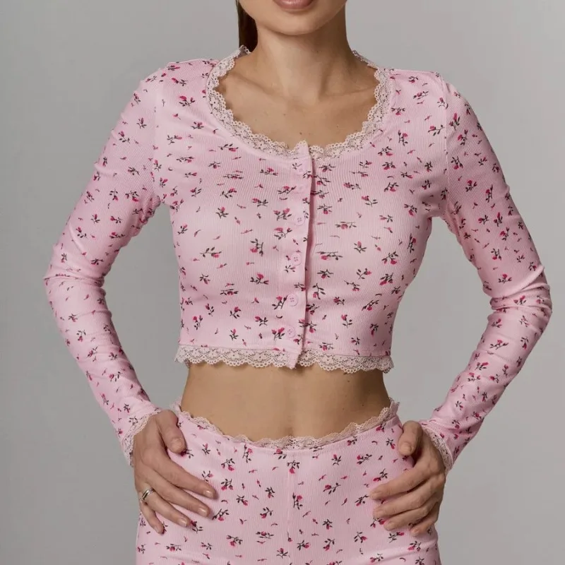 Sexy Pajamas Women V-Neck Lace Cherry Print Short-Sleeved Shorts Striped Fancy Sleepwear 2 Piece Set Home Wear Student Nightwear view 6