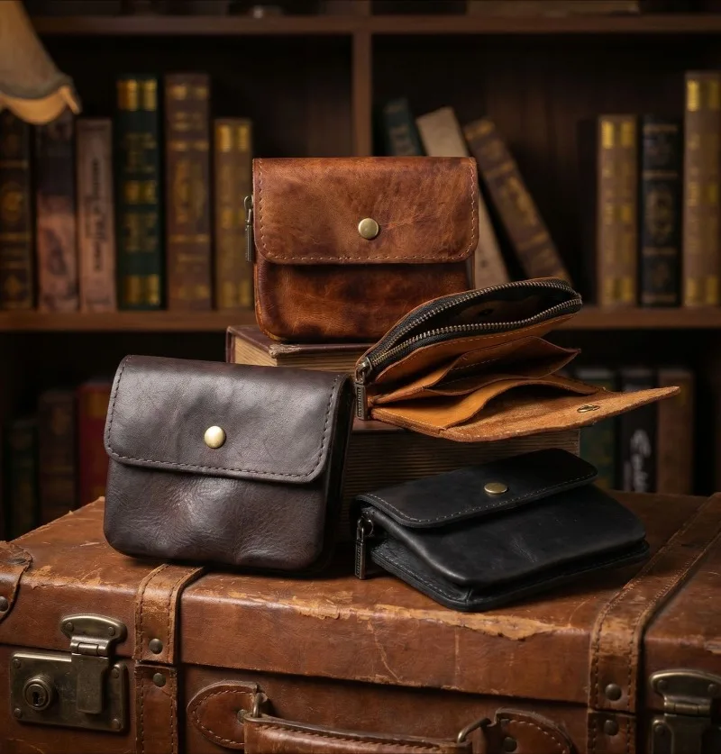 Echtes Leder Reißverschluss-Kartenetui, Vintage Leder Bifold-Geldbörse mit Münzfach, Kartenhalter Münzgeldbörse für Herren & Damen – Detail 1