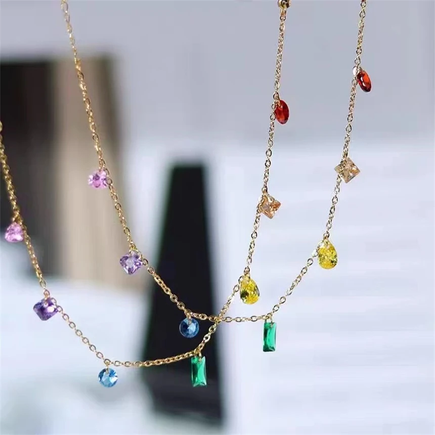 316L Stainles Steel Simplicity Retro Rainbow Zircon Pendant Clavicle Chain Necklaces Bracelet Fashion Jewelry Party Gift SAN1550