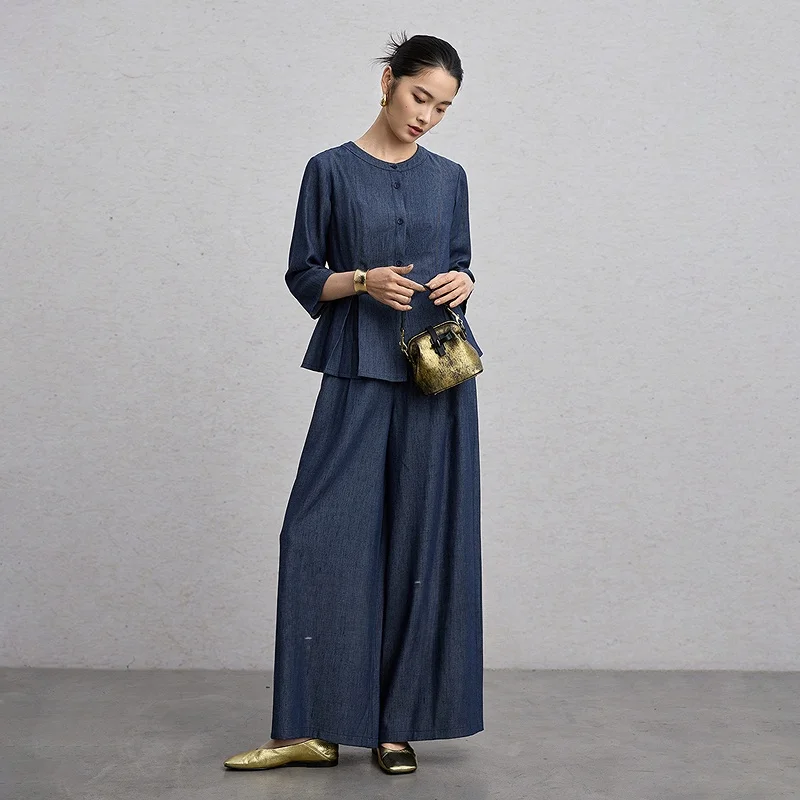 

Классический синий джинсовый комплект свободного кроя: универсальная элегантная повседневная одежда для женщин, новинка весенней коллекции.