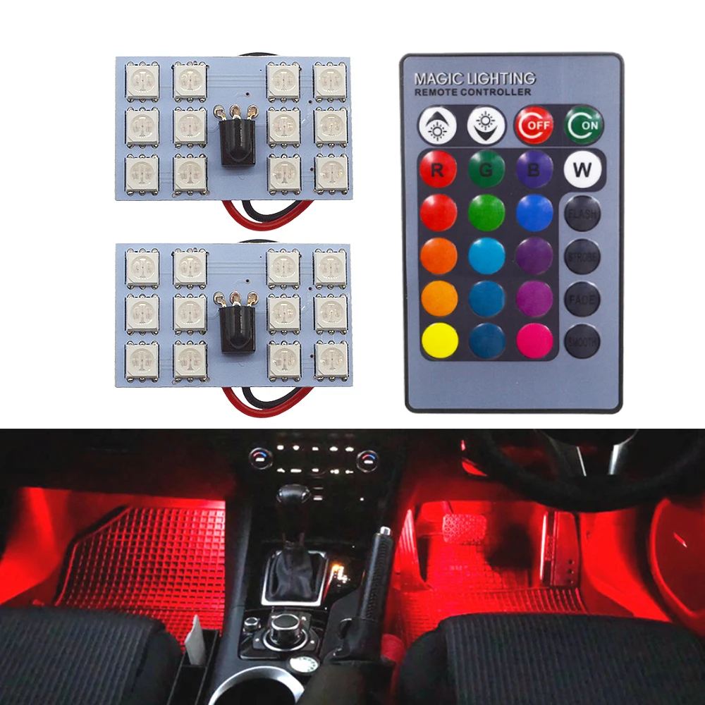 2pcs T10 Car Led RGB DC 12V 5050 12SMD Auto Led Remote Controller Panel Interior Lamp Atmosphere Dome Festoon BA9S Adapter Light