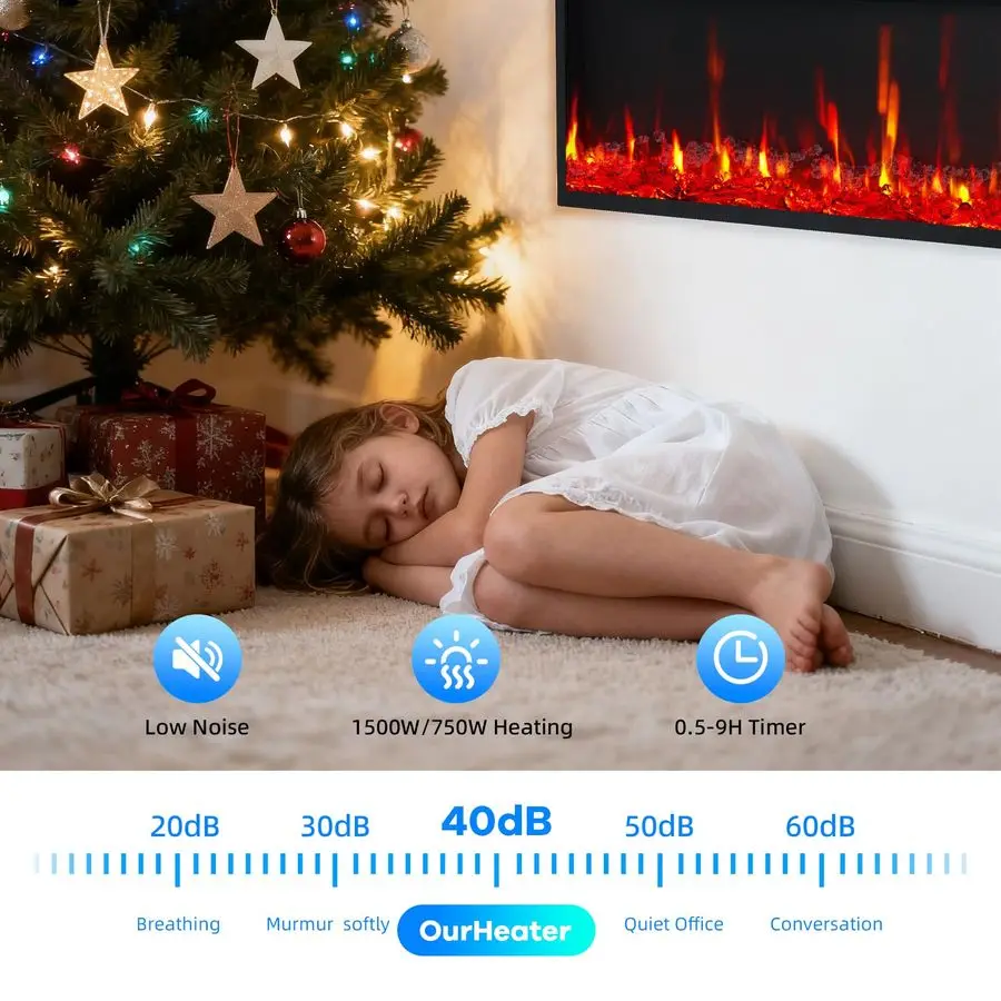 Lareira elétrica de 42 polegadas montada na parede embutida com controle remoto, aquecedor de lareira linear ultrafino de 4,2 polegadas 750W 1500W com Tim