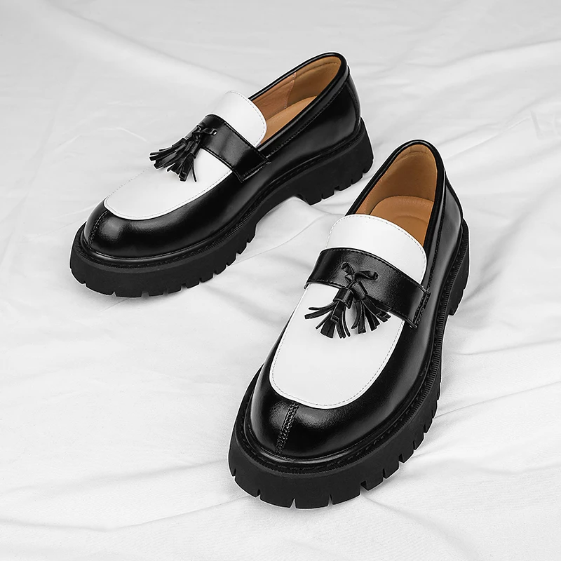 

Men Business Casual Leather Shoes Thick Sole Tassel Loafers Platform Height Increase Fashion Comfortable Wedding Party Shoes